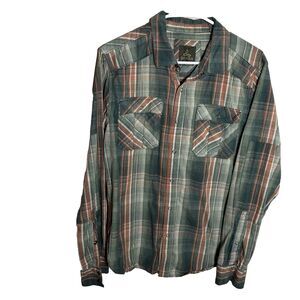 Prana Shirt Men's Medium Green Snap Long Sleeve Collared Pocket Outdoor